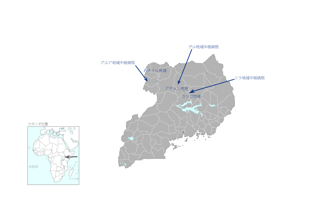 北部ウガンダ地域中核病院改善計画の協力地域の地図