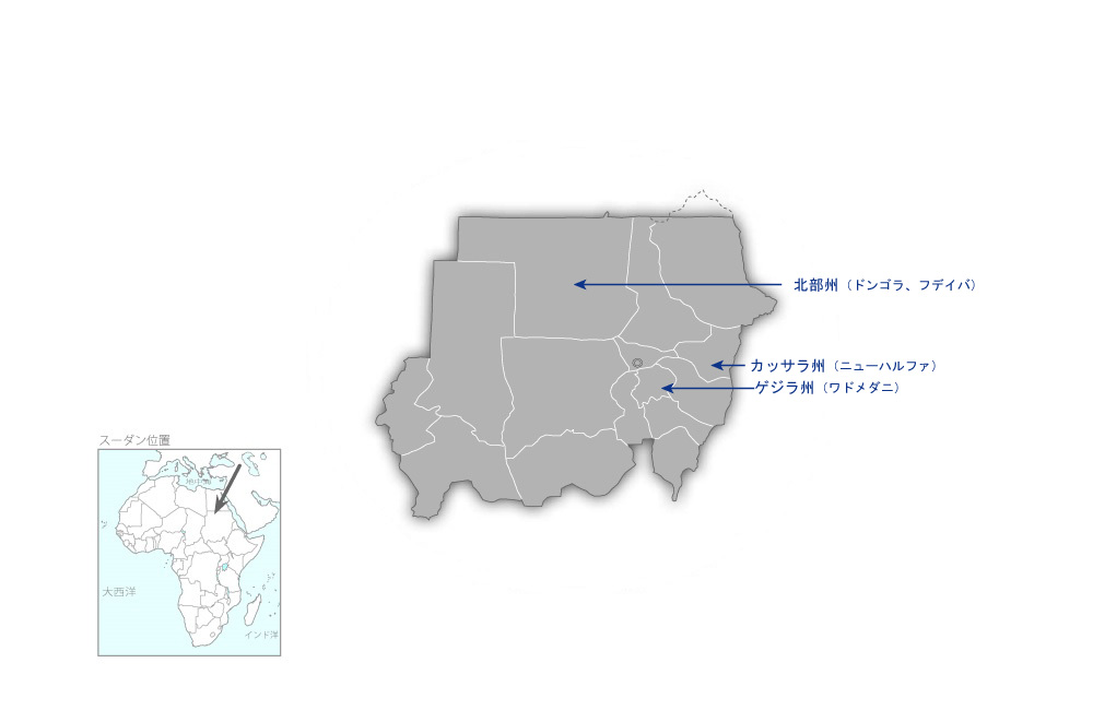 スーダン及びサブサハラアフリカの乾燥・高温農業生態系において持続的にコムギを生産するための革新的な気候変動耐性技術の開発プロジェクトの協力地域の地図