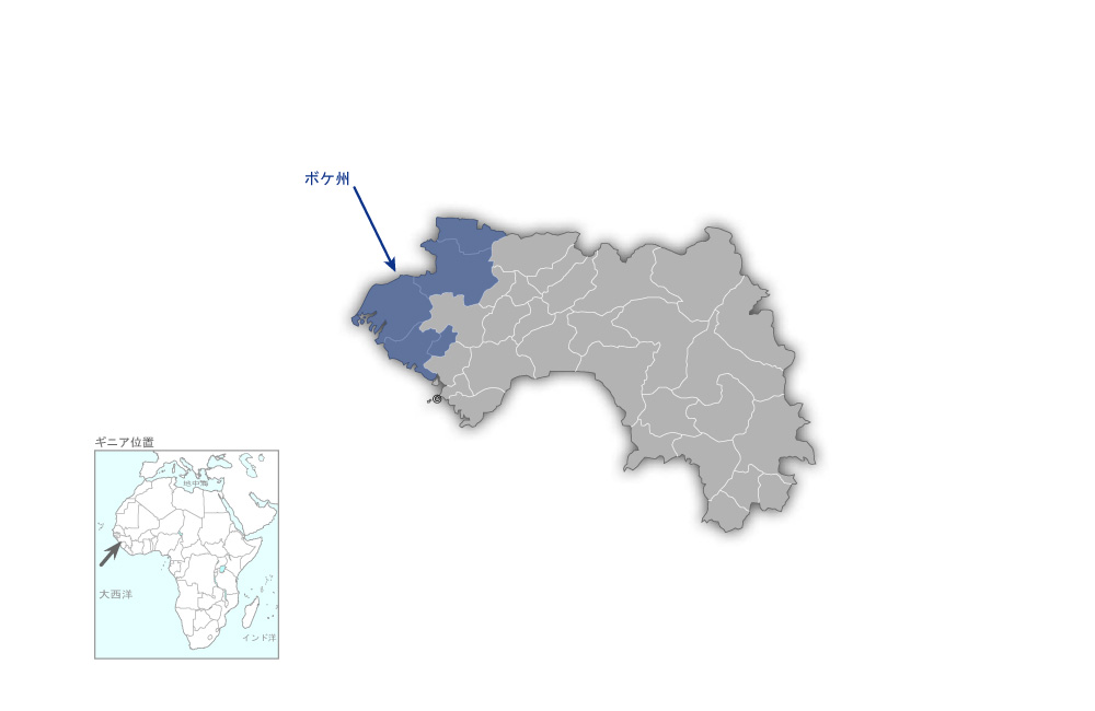 海岸ギニアにおける国産米の生産・販売促進プロジェクトの協力地域の地図