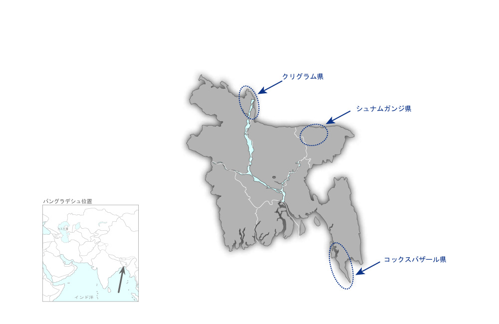 地方防災計画策定・実施能力強化プロジェクトの協力地域の地図