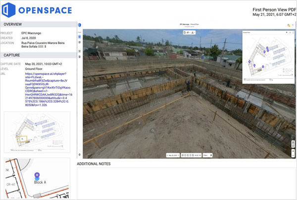 現場で撮影された360度写真は、配置図上に撮影位置が示され、撮影日時と共にクラウドサーバーに情報が保管されます。これによって遠隔からでも現場状況を容易に理解できるようになります。