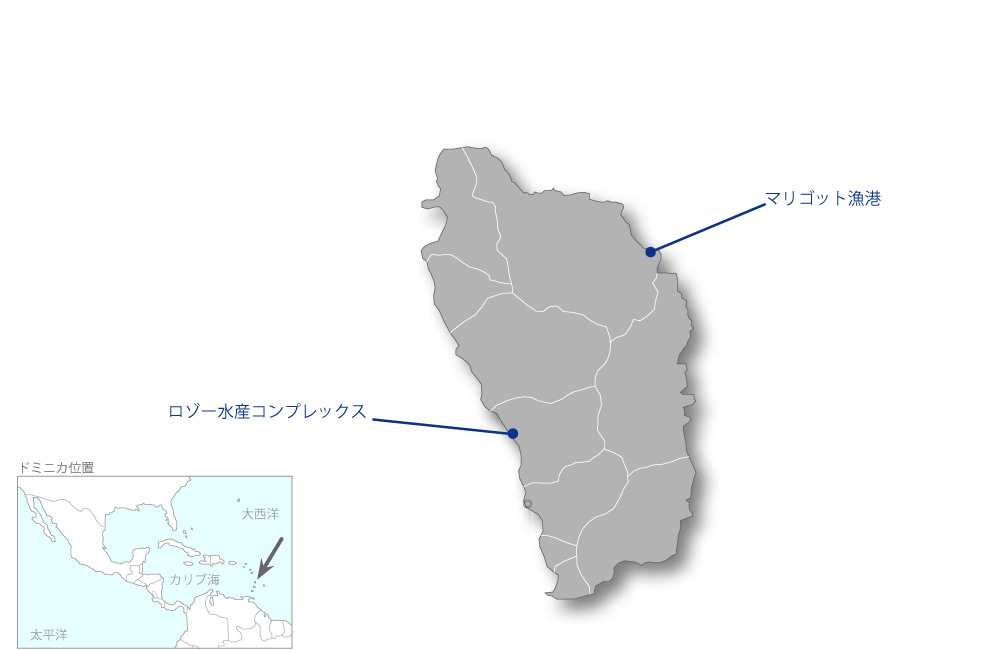 ロゾー及びマリゴットにおける水産の建物及び機材整備計画の協力地域の地図