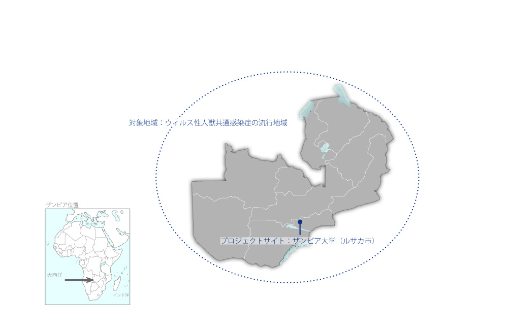 アフリカにおけるウィルス性人獣共通感染症の調査研究プロジェクトの協力地域の地図