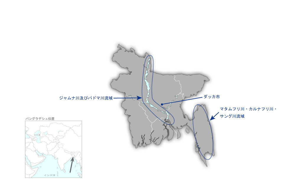包括的河川管理に係る計画策定能力強化及び技術適応サイクル構築プロジェクトの協力地域の地図
