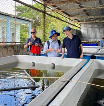 CTUの淡水養殖研究センターのタウナギ養殖水槽を視察する芳賀先生（右）、CTUのハイ先生（中央）、田中チーフアドバイザー（左）の画像