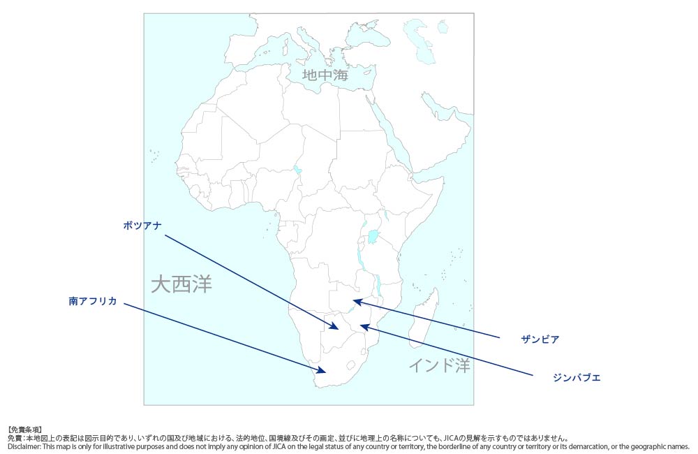 アフリカ地域南北回廊における円滑なOSBP運営管理能力強化プロジェクトの協力地域の地図