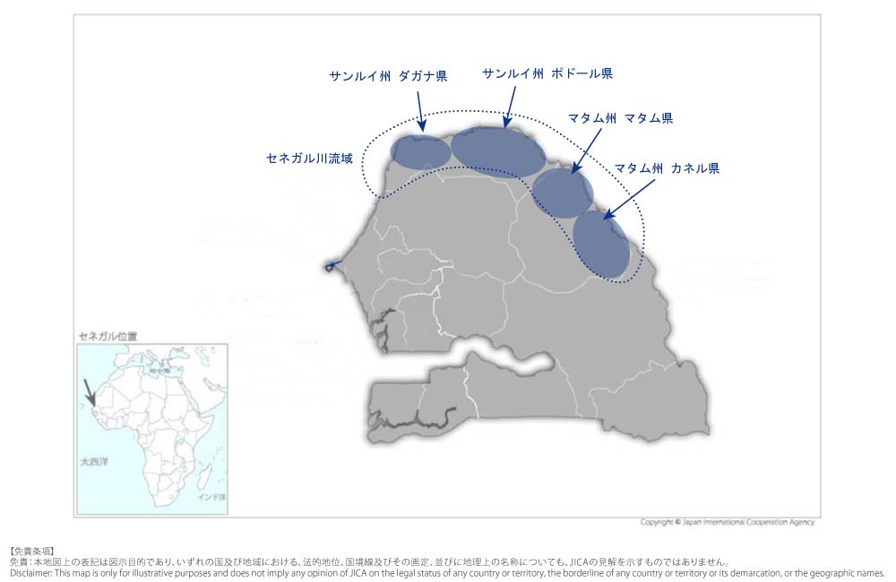 セネガル川流域コメバリューチェーン強化プロジェクトの協力地域の地図