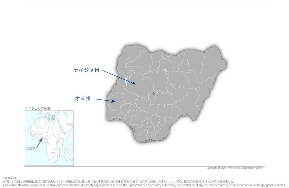 コメ種子生産拡大及び品質向上のための能力強化プロジェクトの協力地域の地図