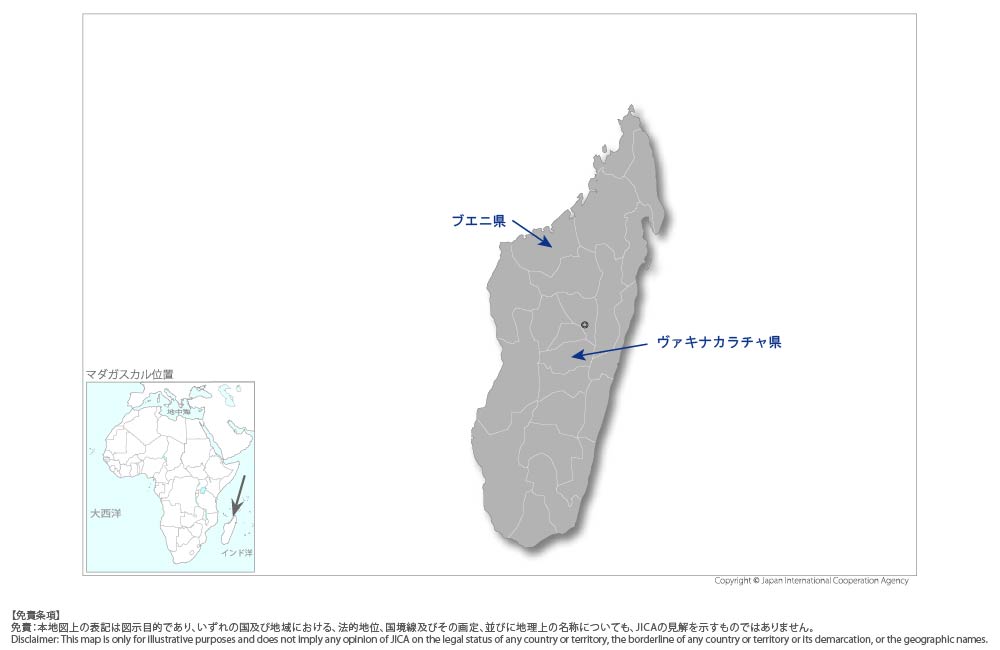 養分欠乏水田における稲作振興のための革新的技術普及プロジェクトの協力地域の地図
