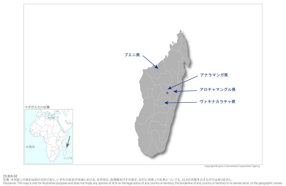 森林と水田が共存した持続的で多様なファーミングシステムの構築プロジェクト（SATREPS）の協力地域の地図
