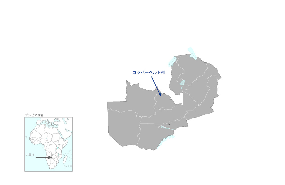 コッパーベルト州における保健センターの郡病院への改善計画の協力地域の地図