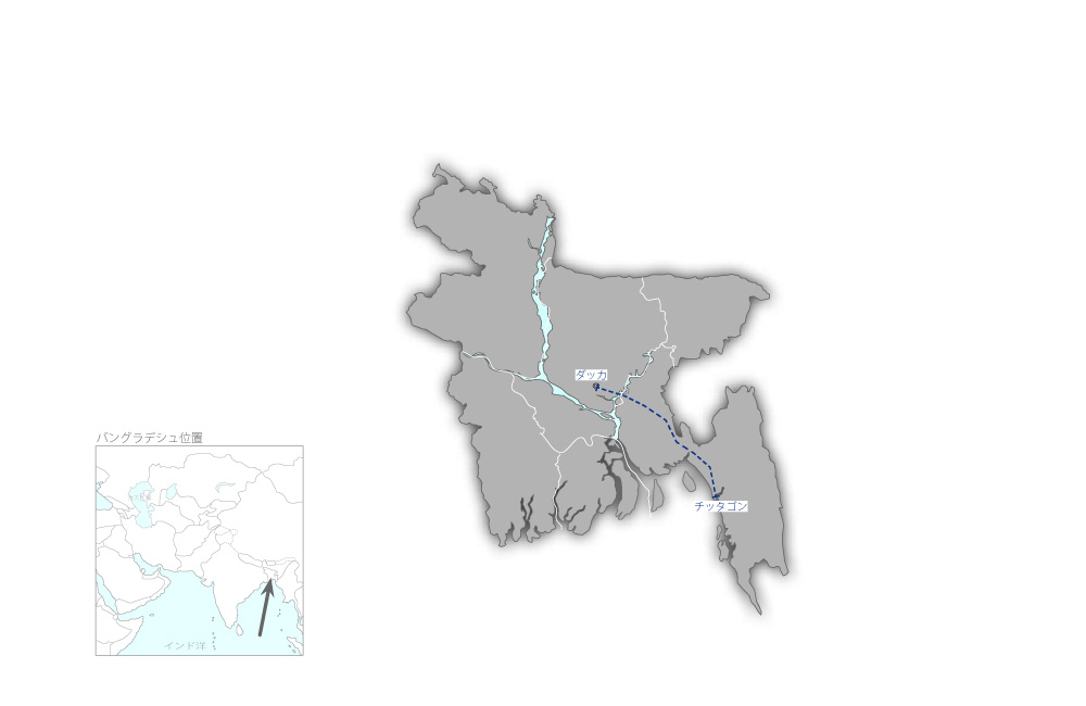 ダッカ・チッタゴン間幹線道路中小橋梁建設計画（第2期）の協力地域の地図