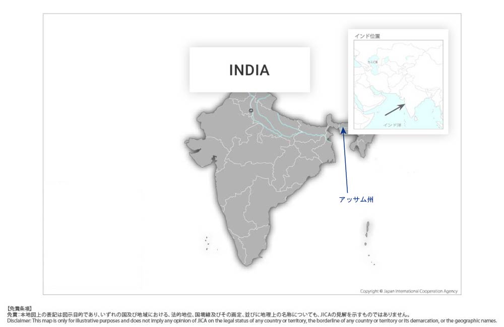 アッサム州における養殖推進及び生計向上事業の協力地域の地図