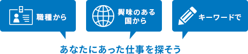 職種から・興味のある国から・キーワードで あなたにあった仕事を探そう