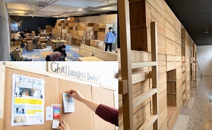 右：リンゴ箱を組んで造ったベッドは全12床。使用済みの箱なので、よく見ると仲買人の書いたメモなどが残っているという。左上：リンゴ箱ベッドの制作・設置には八戸工業大学感性デザイン学部・工学部の学生が協力した。宿に設置している「チャレンジャーズボード」。左下：ORANDOに集う人の取り組みやSNS情報を、宿泊客に紹介する