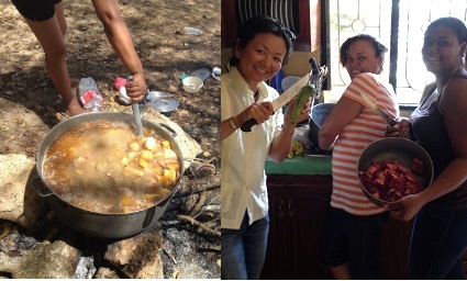 左:イモや肉などを煮込んだサンコーチョ。右:同僚たちと料理を楽しむ廣瀬さん