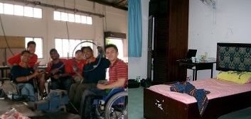 左:職業訓練として車椅子製作を行う選手たち。右:最初の1カ月間の派遣時は職業訓練校の寮で寝起きした