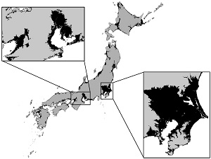 色が黒い場所は、海面が50m上昇した際に水没するエリア。仮に南極の氷がすべて解ければ、首都圏をはじめとする多くの大都市圏が影響を免れない
（画像＝杉山さん提供）