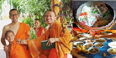 左：出家し、修行生活を送る長田さん(後列左）、右上：托鉢で鉢に入れられた食べ
物やお金、右下：托鉢で頂いた食事は皆で分ける