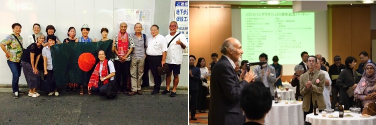 (左)バングラデシュOVの会のメンバー(右)バングラデシュ50周年記念パーティの様子。登壇しているのは元語学講師のアザド (Munshi K. Azad) 先生（Photo=飯渕一樹・本誌）