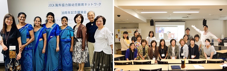 (左)記念講演会の講師である馬場繁子OV（右から2人目）と障害児施設の先生方（青色のサリー）とネットワークメンバー（Photo=ホシカワミナコ・本誌）(右)講演会前の定例総会に参加した会員（スクリーンはオンライン参加の会員）