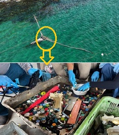 上：海洋ごみの回収装置。下：分別した海洋ごみ