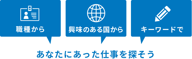 職種から・興味のある国から・キーワードで あなたにあった仕事を探そう